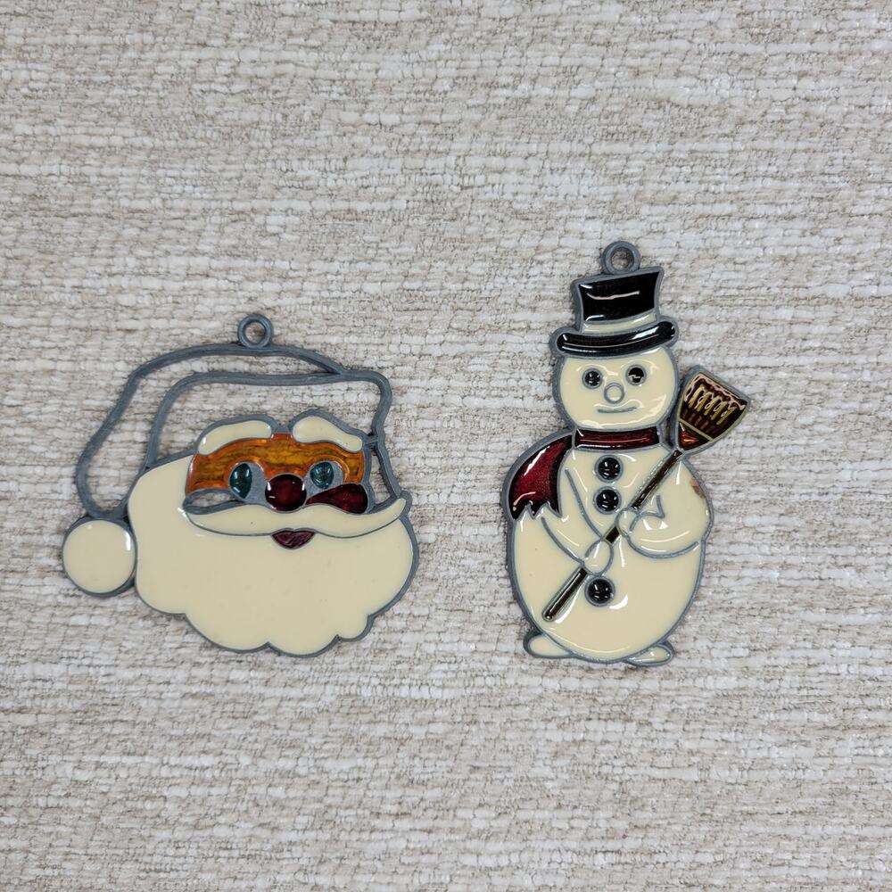 Vintage Leaded Stained Glass Santa Snowman Suncatcher Christmas Ornaments 2